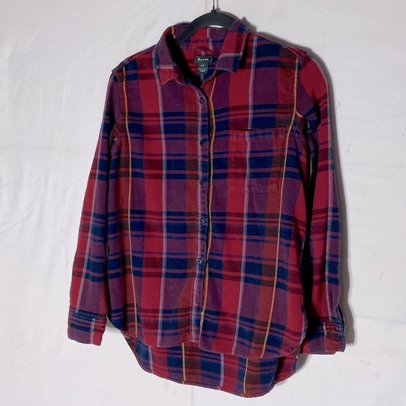 Roots Red Blue Plaid Flannel Button Up Top S - Picture 1 of 11